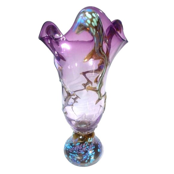Unique 13 X 7.5 Purple Art Deco Murano Vines Confetti Centerpiece Vase Vintage - Picture 2 of 16